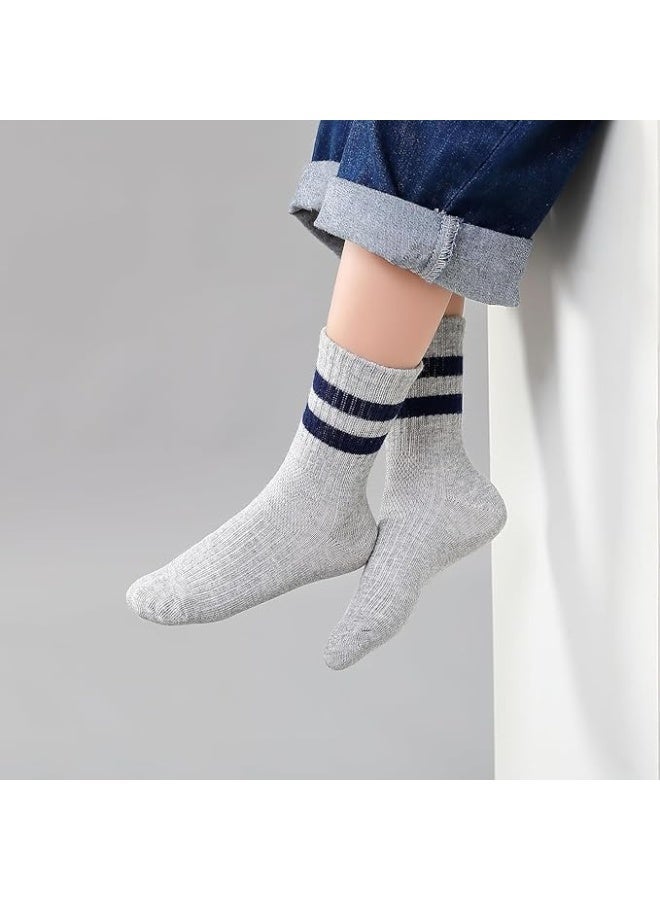 ChicAbode Kids Socks 9 Pairs, Sports Cushioned Crew Socks for Boys Girls, Black White Grey Striped Cotton School Athletic 7-10 Years - Image 2